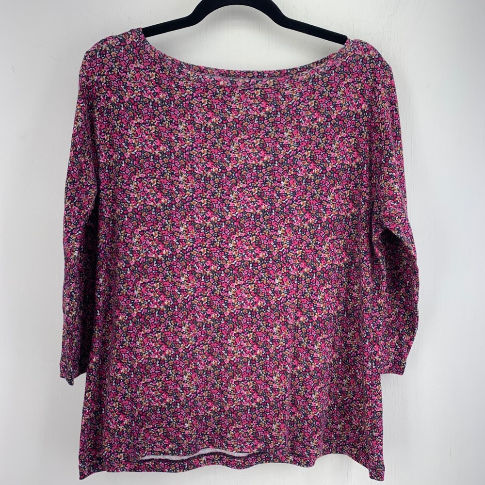 Talbots Pink Ditsy Floral Pima Cotton 3/4 Sleeve Boat Neck Top Petites LP Preppy